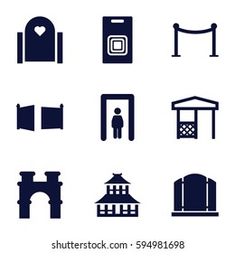 gate icons set. Set of 9 gate filled icons such as arch, temple, Red carpet barrier, gazebo