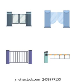 Gate-Symbole setzen Cartoon-Vektor. Verschiedene Arten von automatischen Tor und Drehkreuz. Mechanisches Hindernis, Ausrüstung