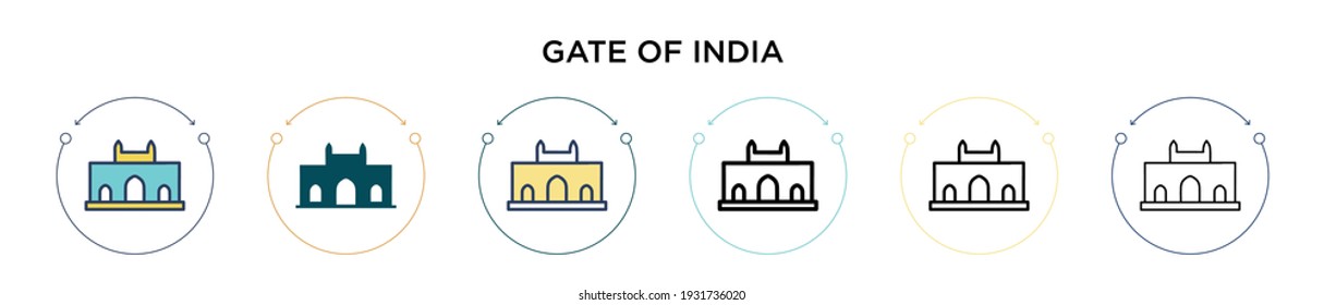 Icono de puerta de la india en estilo relleno, delgado, contorno y trazo. Ilustración vectorial de dos puertas coloreadas y negras de los diseños de los iconos vectoriales de la india se pueden usar para móviles, ui, web