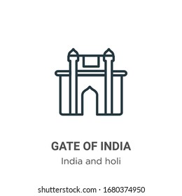 Gate of india outline vector icon. Thin line black gate of india icon, flat vector simple element illustration from editable india concept isolated stroke on white background