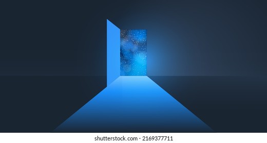 Gate to Infinity - Let's Go to Space - Dark Room, Light Coming In Through an Open Door - New Possibilities, Hope, Overcome Problems, Solution Finding Concept, Background or Design Template