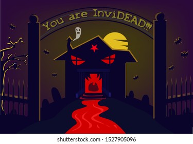 A gate with an invitation to a house of horrors concept, Editable Clip Art.