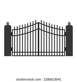 Gate with iron fence door and metal cartoon manor decoration. Front entrance from ironwork grid vector illustration. Old lattice wrought and classic frame ornament for park. Security steel structure