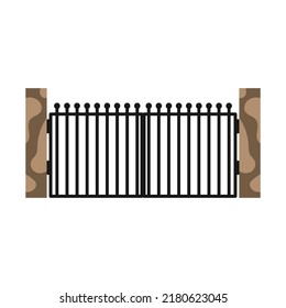 Gate with iron fence door and metal cartoon manor decoration. Front entrance from ironwork grid vector illustration. Old lattice wrought and classic frame ornament for park. Security steel structure