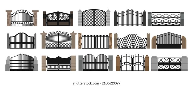 Puerta con puerta de reja de hierro y decoración de mansión de dibujos animados de metal. Entrada frontal de la ilustración vectorial de la rejilla de hierro. Antiguo entramado forjado y marco clásico adorno para el parque. Estructura de acero de seguridad