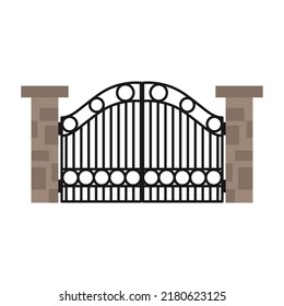 Gate with iron fence door and metal cartoon manor decoration. Front entrance from ironwork grid vector illustration. Old lattice wrought and classic frame ornament for park. Security steel structure