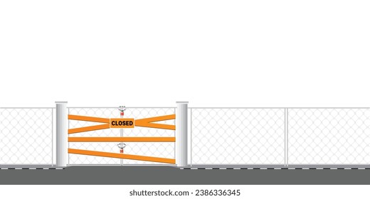 The gate is locked near with a chain and several padlocks.Metal fence with closed and abandoned billboard, Closed area, a private property, conceptual vector illustration.