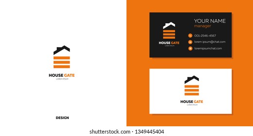 Gate logo and business card on a white background in orange. Concept gate idea for homes and garages. Trendy flat style for graphic design, website, user interface.