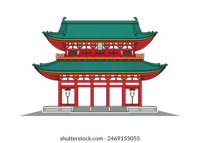 Puerta o entrada principal del santuario de Heian jingo - El famoso santuario en la ciudad de Kyoto, Japón, con letrero o placa mostrada en texto japonés significa puerta de Otenmon dibujado en colorido Vector de dibujos animados