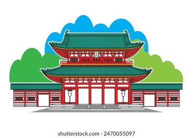 Gate or Main entrance of Heian jingo famous shrine in Kyoto city Japan with signboard or plate shown Japanese text mean Otenmon gate with landscape and background drawing in colorful cartoon vector