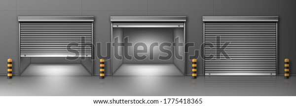 Gate with metal rolling shutter in gray wall.
Vector realistic illustration of hallway in commercial garage or
warehouse with closed and open roller up blinds. Building facade
with automatic doors