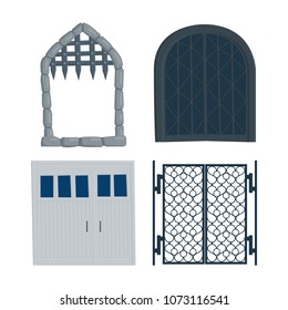 Gate old, castle, garage, iron, wrought iron flat vector illustration in cartoon style isolated on white background.