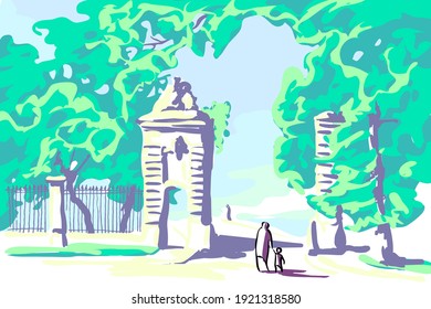 The gate of the old park invites you to enter the amazing garden of childhood memories. The soft pastel coloring of the picture is mesmerizing.