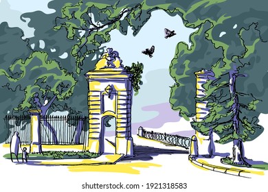 La puerta del antiguo parque le invita a entrar en el asombroso jardín de los recuerdos de la infancia. El suave color pastel del cuadro es fascinante.
