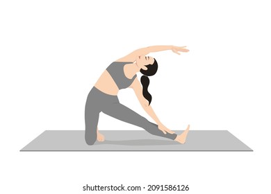 Gate Pose, Beautiful girl practice Parighasana, Young attractive woman practicing yoga exercise. working out, black wearing sportswear, grey pants and top, indoor full length, calmness and relax.