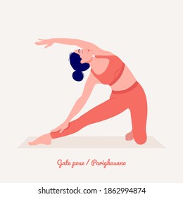 Gate pose - parighasana. Young woman practicing Yoga pose. Woman workout fitness, aerobic and exercises. Vector Illustration.