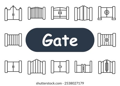 Icono de conjunto de puerta. Puertas dobles, barras metálicas, correderas, abatibles, circulares, y puertas de madera. Diferentes tipos de puertas utilizadas para fines de seguridad, protección y decorativos en varios entornos