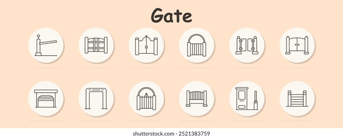 Icono de conjunto de puerta. Puertas de la cerca, puertas dobles, manija circular, puerta decorativa, barrera de madera, puerta deslizante, entrada de casa, puerta de seguridad, divisor de frontera, protección de la propiedad