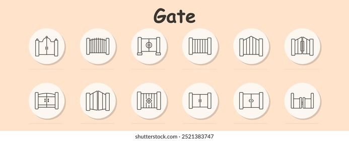 Gate set icon. Wooden, cross, arched, entrance, fence, security gate, double door, iron, closed, garden, wooden fence, entryway, barrier, boundary