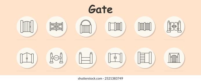 Gate set icon. Wooden, cross, arched, entrance, fence, security gate, double door, iron, closed, garden, wooden fence, entryway, barrier, boundary