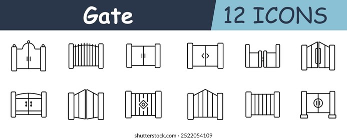 Gate set icon. Wooden gates, double doors, farm gate, decorative gate, security gate, traditional entrance. Entryways, fences, and security purposes