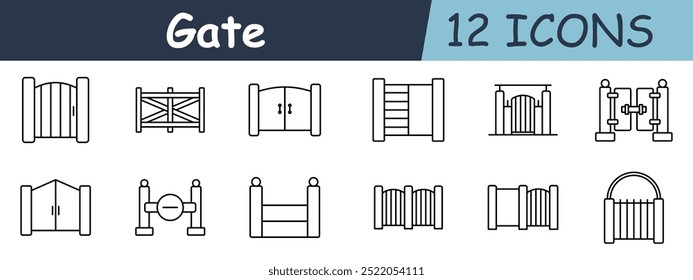 Gate set icon. Wooden gates, double doors, farm gate, decorative gate, security gate, traditional entrance. Entryways, fences, and security purposes