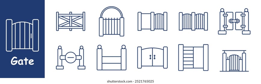 Gate set icon. Wooden, metal, sliding, double-door, security, entryway, fence, barrier, decorative, arch gate, entrance, boundary, security gate, home access, property division