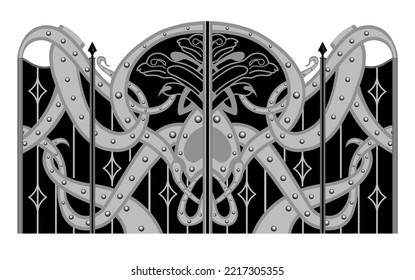 boceto de puerta, elementos de metal forjado, forja artística.Puerta de estilo escandinavo