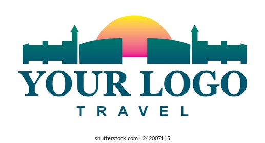 Gate and sun vector logo, traveling company, turquoise and pink 