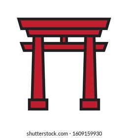 Gate Thin Line Color Icon, Japanese Theme Design
