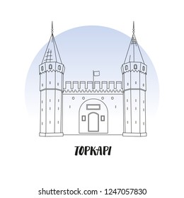 The gate of Topkapi palace vector illustration with handdrawn title for souvenir