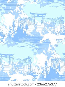 gate torii  lanterns blue white japanese chinese traditional vector illustration card background seamless pattern colorful watercolor ink textured