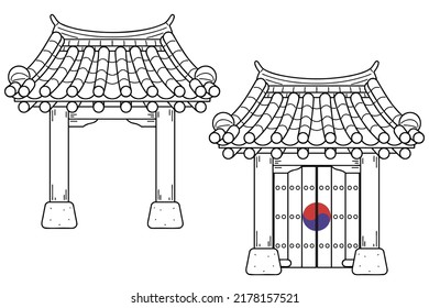 The gate of a traditional Korean house, hanok. Vector line art illustrations set.