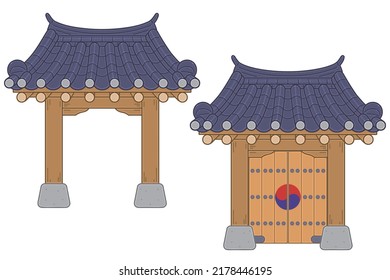 The gate of a traditional Korean house, hanok. Vector illustrations set.