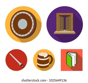 A gate to the treasure, a shield for protection, a mug with a bra, a sword. Vikings set collection icons in flat style vector symbol stock illustration web.