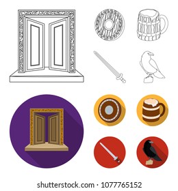 A gate to the treasure, a shield for protection, a mug with a bra, a sword. Vikings set collection icons in outline,flat style vector symbol stock illustration web.