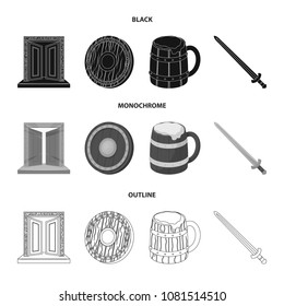 A gate to the treasure, a shield for protection, a mug with a bra, a sword. Vikings set collection icons in black,monochrome,outline style vector symbol stock illustration web.