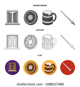 A gate to the treasure, a shield for protection, a mug with a bra, a sword. Vikings set collection icons in flat,outline,monochrome style vector symbol stock illustration web.