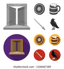 A gate to the treasure, a shield for protection, a mug with a bra, a sword. Vikings set collection icons in monochrome,flat style vector symbol stock illustration web.