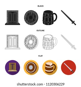 A gate to the treasure, a shield for protection, a mug with a bra, a sword. Vikings set collection icons in black,flat,outline style vector symbol stock illustration web.