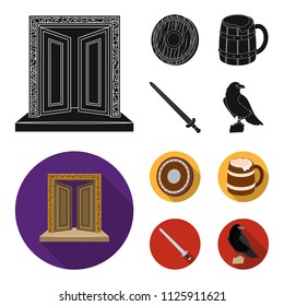 A gate to the treasure, a shield for protection, a mug with a bra, a sword. Vikings set collection icons in black,flat style vector symbol stock illustration web.