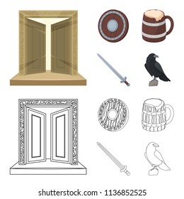 A gate to the treasure, a shield for protection, a mug with a bra, a sword. Vikings set collection icons in cartoon,outline style vector symbol stock illustration web.