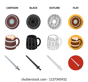 A gate to the treasure, a shield for protection, a mug with a bra, a sword. Vikings set collection icons in cartoon,black,outline,flat style vector symbol stock illustration web.