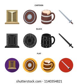 A gate to the treasure, a shield for protection, a mug with a bra, a sword. Vikings set collection icons in cartoon,black,flat style vector symbol stock illustration web.