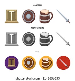 A gate to the treasure, a shield for protection, a mug with a bra, a sword. Vikings set collection icons in cartoon,flat,monochrome style vector symbol stock illustration web.