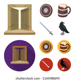 A gate to the treasure, a shield for protection, a mug with a bra, a sword. Vikings set collection icons in cartoon,flat style vector symbol stock illustration web.