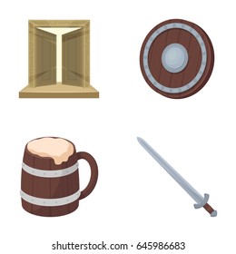 A gate to the treasure, a shield for protection, a mug with a bra, a sword. Vikings set collection icons in cartoon style vector symbol stock illustration web.