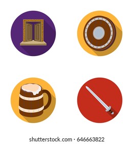 A gate to the treasure, a shield for protection, a mug with a bra, a sword. Vikings set collection icons in flat style vector symbol stock illustration web.
