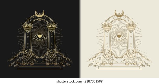 The gate of the universe the way to the throne of God. Vector illustration in engraving, hand drawn, luxury, esoteric, fit for spiritualist, religious, paranormal, tarot reader, astrologer or tattoo