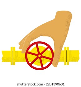 Gate valve of a gas pipe and hand that closes it, symbolic vector illustration.